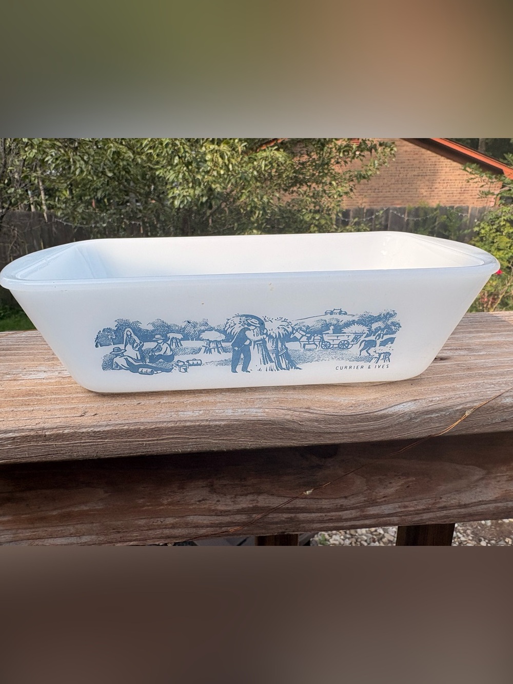 Blue and White Casserole Dish with Vintage Farm Scene